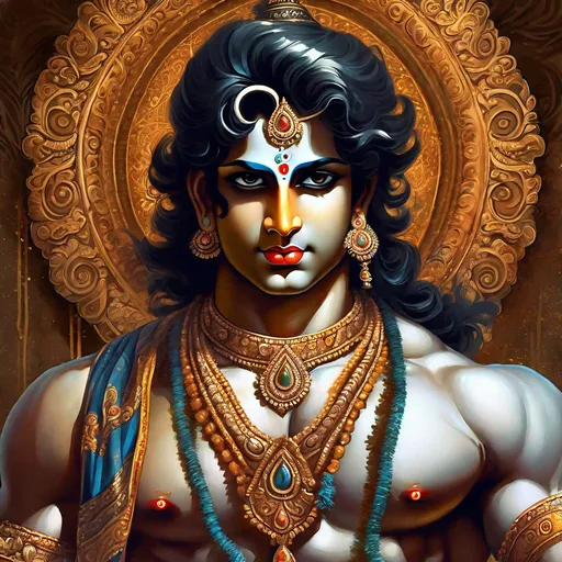 Prompt: Lord Shree Krishna, mythical dress, detailed art, detail face, sharp eyes, brown eyes, masculine physique, 