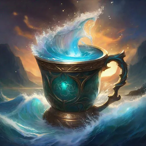 Prompt: magical cup overflowing with water, waves, sea, glowing, magic, dark, dungeons and dragons, magic the gathering, fantasy art, fantasy, wizard,, concept art, , artstation, award winning, painting, watercolor, 