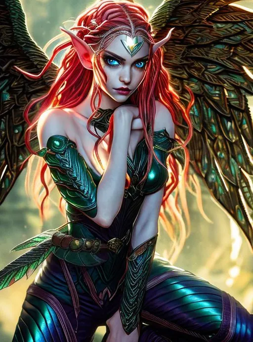 Prompt: Half-Nymph Half-Elf woman. 
Large, Fairy wings. 
Beautiful Face, 
Long, bright red, braided hair.  
Piercing green eyes. 
Smirking.
Intricate Leather Armor that covers her whole body.
Sitting in a tavern.
Full Body.