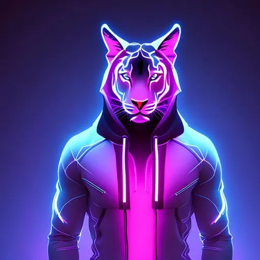 Prompt: Cyber, cat, humanized, hoodie down, neon, cool background, calm, tiger in hood