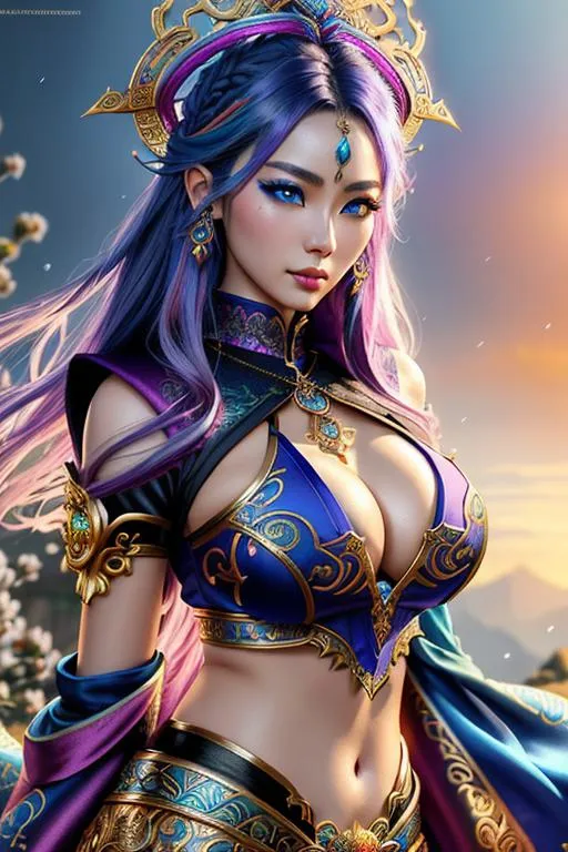 Prompt: Create a fantasy style ultra Intricate detailed mythical style "top of the world". Focused on an hyper cute young slender female random color hair woman, intricately detailed piercing blue eyes, alluring gaze, healthy Asian features and skin, proportionate cleavage, wearing an iron slave collar, wearing multi color silk robes,

Professional Photo Realistic Image, RAW, artstation, splash style dark fractal paint, contour, hyper detailed, intricately detailed, unreal engine, fantastical, intricate detail, steam screen, complementary colors, fantasy concept art, 8k resolution, deviantart masterpiece, splash arts, ultra details Ultra realistic, hi res, UHD, 64k, 2D art rendering, depth of field 4.0, APSC, ISO 1600, zoom 0.1