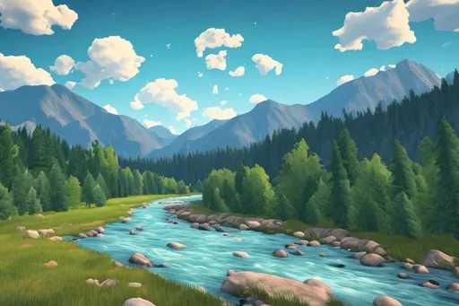 Prompt: Blue sky, few clouds. Mountains, trees, river flowing down, deer
Realism