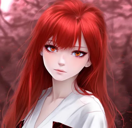 Prompt: Red hair girl , and red eyes with anime CJA style  