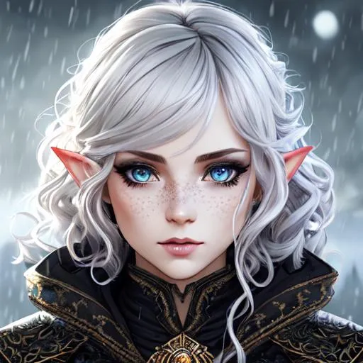 Prompt: half body portrait, female , elf, detailed face, detailed vibrant eyes, full eyelashes, ultra detailed accessories, tunic, curly messy hair, bangs, dnd, artwork, fantasy,inspired by D&D, concept art, ((looking away from viewer)), ((dark fantasy)), gloomy and gray night background, freckles, short hair, pale white skin, snow storm and heavily snowing background, green eyes, gray winter fur coat and hood , female elf, dark and cold background, UHD, 8K, high fantasy, (art inspired by Agnes Cecile), thin eyebrows, muted artwork, faded colors, winter season, night time, dark aesthetic, stars out at nighttime background