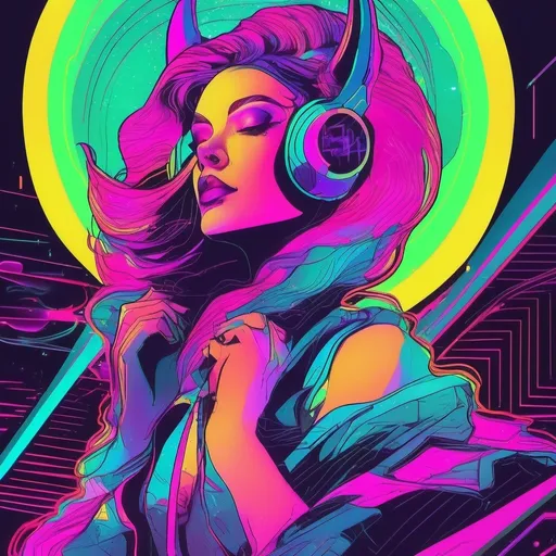 Prompt: a beautiful female demon in a dynamic pose in a retro futuristic synthwave neon paradise.  neon lighting, high quality, beautiful, masterpiece, artistic, synthwave, cyber, retro, futuristic