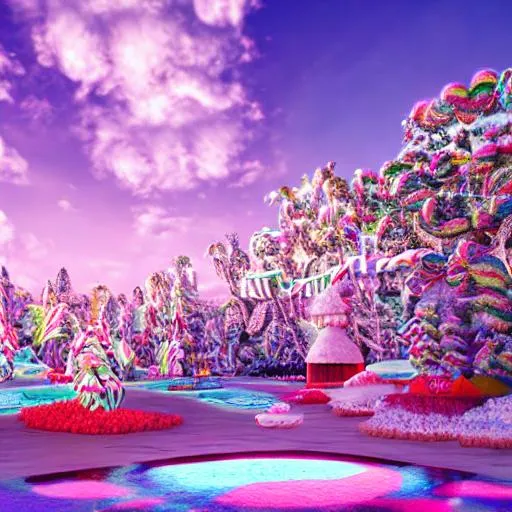 Prompt: Paradise in heaven, Vivid, V-Ray Lighting, Reflections, Refraction, Intricate Details, Realistic, Sharp, Octane Render, UHD, 4K, 8K, pastel colors, chocolate fountain, candy drop trees, beautiful, candy canes, syrup lale, waffle cone mountains, kit cat road

