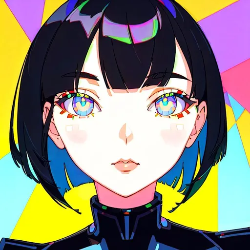 Prompt: a lonely AI girl, very tall, thick thighs, wide hips, long legs, slender waist, big beautiful symmetrical eyes, intriguingly beautiful face, aloof expression, bob haircut with bangs, colorful Pointillism art style, 12K resolution, hyper quality, hyper-detailed, depth of field