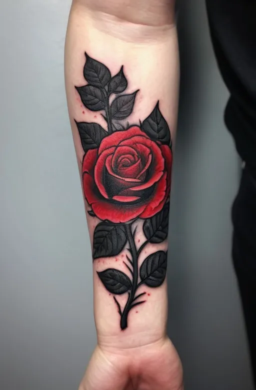 4. Blackwork Rose with Red Highlights