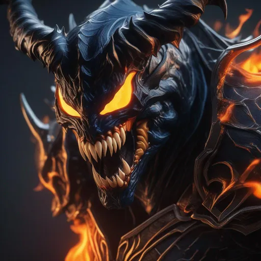 Prompt: a death knight with a Venom mouth (Venom movie), with horns forward on his forehead, orange fire eyes, kill, Hyperrealistic, sharp focus, Professional, UHD, HDR, 8K, Render, electronic, dramatic, vivid, pressure, stress, nervous vibe, loud, tension, traumatic, dark, cataclysmic, violent, fighting, Epic