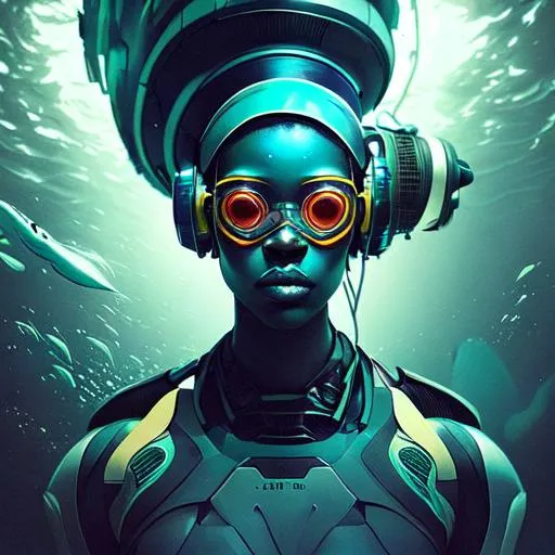 Prompt: Please create a studio photograph of african futurism music  technology underwater storm city, super clear architecture details,