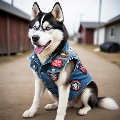Prompt: Siberian Husky wearing a heavy metal music denim vest with patches