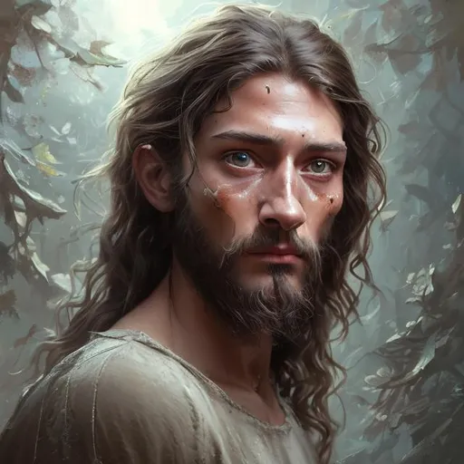 Prompt: {{{{highest quality concept art masterpiece}}}} digital drawing oil painting with {{visible textured brush strokes}}, Jesus Christ, 20 
years old, photorealistic face, digital painting, artstation, illustration, concept art, smooth, sharp focus, {{hyperrealistic intricate perfect brown long hair}} and {{hyperrealistic perfect clear bright blue eyes}}, epic fantasy, perfect composition approaching perfection, hyperrealistic intricate mirrored room in background, cinematic volumetric dramatic dramatic studio 3d glamour lighting, backlit backlight, 128k UHD HDR HD, professional long shot photography, unreal engine octane render trending on artstation, sharp focus, occlusion, centered, symmetry, ultimate, shadows, highlights, contrast