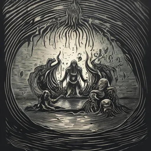 Prompt: A woodcut india ink pressing of a noble-like cultist summoning an Aboleth. It is emerging from a natural pool within an old sea cave. Mucous and deep sea life give the environment a horror vibe.

