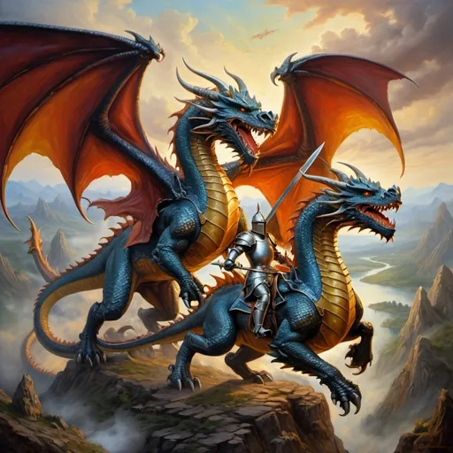 Prompt: opposing dragon armies in arial combat, knights mounted on dragons in armor with spears , fierce expressions, mythical landscapes, high fantasy, Dragon riders, Chivalric Knights, in realistic oil painting, flying through the sky in combat, majestic dragons  mythical landscapes, high fantasy, oil painting, vibrant colors, epic scale, detailed armor, stunning face, atmospheric lighting, professional, highres, fantasy, oil painting, ethereal, fierce expression, varied colors, high fantasy