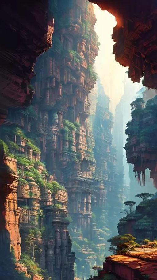 Prompt: City in a canyon, view from below, indian temples carved into the rock, godrays, hundreds of floors, breathtaking, digital painting, blacklight, lush vegetation and flowers, sun rays, miyazaki, Craig Mullins, nausicaa, hypermaximalist, hyper detail, 8k, octane render, animated art, cinematic