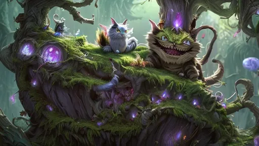 Prompt: dark twisted cheshire cat smoking ganja in a dead tree within a fairy forest cinematic hyper detailed realistic UHD