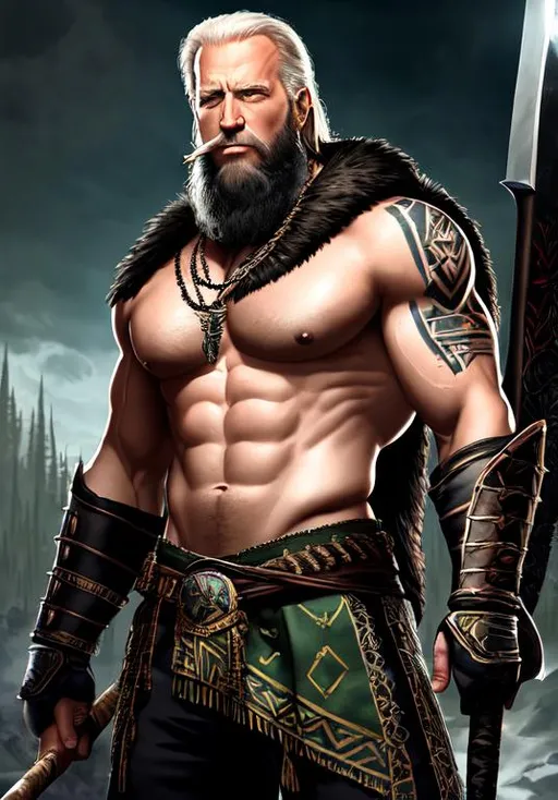 Prompt: UHD, , 8k, high quality, poster art, (( Aleksi Briclot art style)), Joe Biden, hyper realism, Very detailed, full body, muscular, view of a young man, no shirt, beard, Barbarian, tribal tattoo, smoking cigar, black hair, dark eyes, giant battle axe, Green skin. black leather armor, mythical, ultra high resolution, light and shading in 8k, ultra defined. 