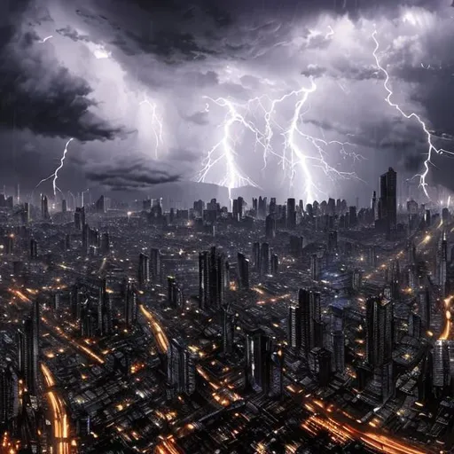 Prompt: An inner city scene with many tall buildings and skyscrapers with an ominous dark swirling cloud above and lightning striking the city form the centre of the cloud
