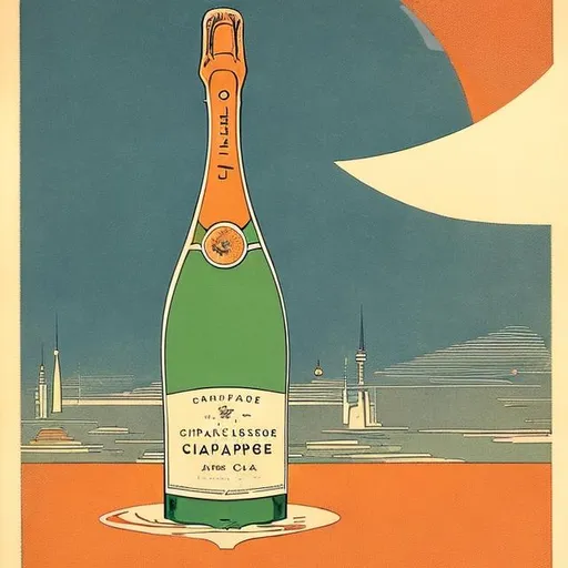 Prompt: Illustration of one bottle Champagne, with orange label.  Flat Art Stlye,  1960's mid Century Modern with a grunge overlay. 
Level front view if the bottle with no obstructions to the view. Art inspiration: by Warwick Goble, abstract artwork style (1945), first person view, by Warwick Goble, by Patrick Nagel, by Lucas Cranach, by Jean-Baptiste Monge, by Atey Ghailan, by Andrew Wyeth, by Alfred Jacob Miller, by Araceli Gilbert, by Ando Hiroshige, pop art style, precisionism style, by Andy Warhol, on canvas, balanced, smooth, 