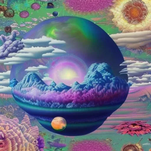 Prompt: Vaporwave, flowers, fungis, planets collage, psychodelic, 80's colors, tecnology and clouds and 1 person