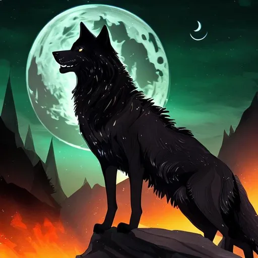 Prompt: Black wolf, emerald green eyes, 
standing on a cliff, full moon in the background, surrounded by fire 