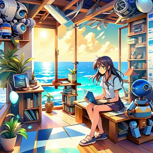 Prompt: A young woman with flowing hair stands on a windswept beach, a determined look on her face. In her hand, she clutches a blueprint for a fantastical robot, its design inspired by the graceful movements of seabirds. The vast ocean stretches before her, a lone sailboat disappearing on the horizon.