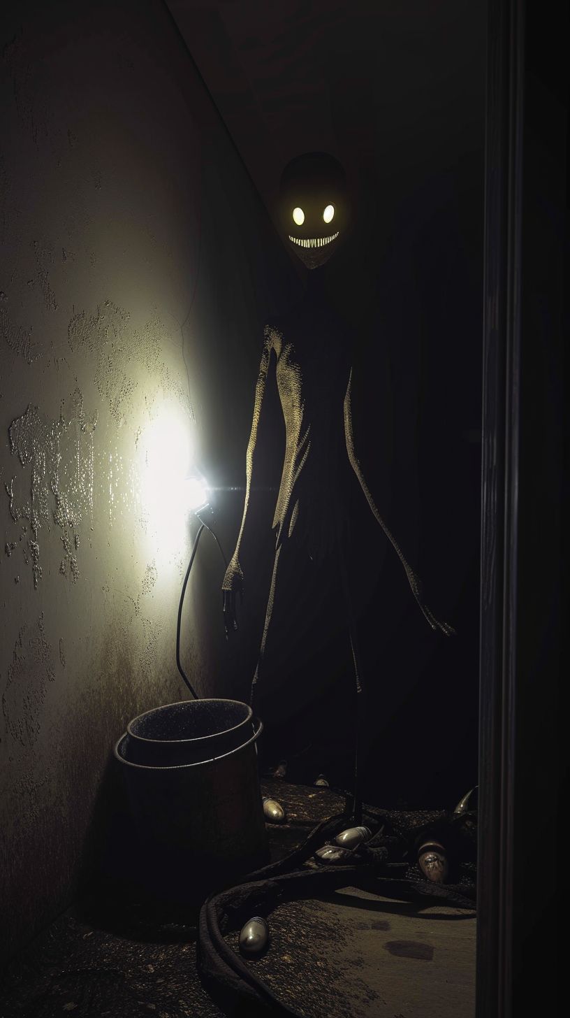 Prompt: nearly pitch black room. All you can see is the light cone from the flash light. And it stops and you can barely make out the shadow of a humanoid creature, like slenderman (very tall and very slender). It has very reflective golden eyeshine and very large smile with very sharp white teeth, very realistic eyes. A dented rusted bucket of fish heads sprawled out around the creatures feet. Cryptid --ar 9:16 --v 6.0