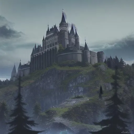 Prompt: An ancient castle with its black banners dancing in the wand its dark mossy stone walls high and strong with the surrounding forest old and thick with trees and bushes the old fort is standing strong