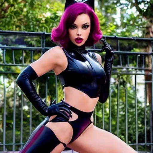 Prompt: Felicia Rouge is a striking character that combines the seductive allure of Catwoman with the cunning and mischievous nature of Rouge the Bat.

Felicia Rouge possesses a sleek and athletic physique, exuding both elegance and agility. She sports a form-fitting black catsuit with purple accents, reminiscent of Catwoman's iconic attire. The suit has a bat-wing inspired collar and a tail-like extension, representing her connection to both feline and bat motifs.

Her ensemble is completed with a pair of black gloves and boots, equipped with retractable claws and grappling hooks, allowing her to scale walls and traverse rooftops with ease. She also dons a purple mask that partially covers her face, adding an air of mystery and intrigue.

Felicia Rouge's hair is a lustrous combination of black and purple, styled in a wild yet sophisticated manner. Her eyes sparkle with a mischievous glint, reflecting her playful nature and quick thinking