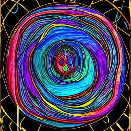 Prompt: The theory of the mobius whatever happened will happen again. A twist in the fabrics of time and space. Infinity. A stylised colourful sketch with depth