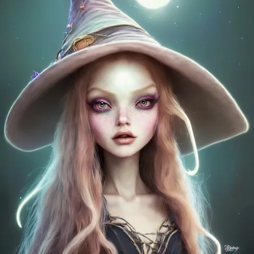Prompt: witch, long blonde hair, witch hat, magic, cute, aesthetic, fairycore, disney, pixar, moon, stars, witchcraft, starry sky, beautiful, forest, sweet, rpg, award winning illustration, artstation, highres, realistic, tim burton style