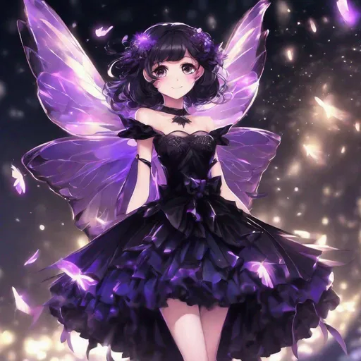 Prompt: fairy, fairy wings, Wearing Stylish Black Dress, shiny black, purple glow, beautiful, masterpiece, best quality, in anime style