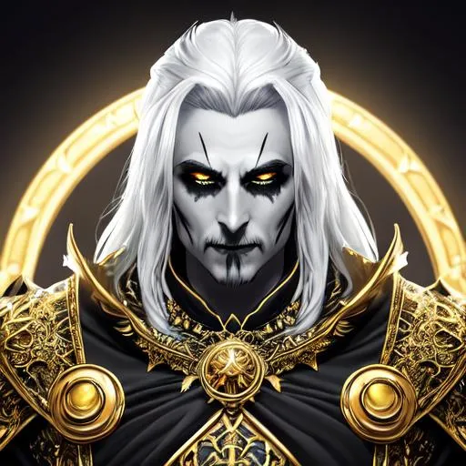 Prompt: Fantasy style, a hyper realistic detailed image of undead king, black lips, covered in nightly glow, looking straight ahead, body facing camera, camera top third of image, perfect composition, super detailed, sharp focus HDR, UDR, 120k, square jaw, black and gold coloured thick wide dress, Gold shoulder plates, long straight shiny white hair, radient gold eyes, in a dark stary night-time fantasy background, black sand covered jewellery. Gold bird skull, gold crown, sun orb 
