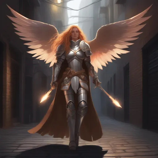 Prompt: dnd a a female aasimar with long strawberry blonde hair wearing full plate armor and a long cape with wings of light standing in a dark alley way