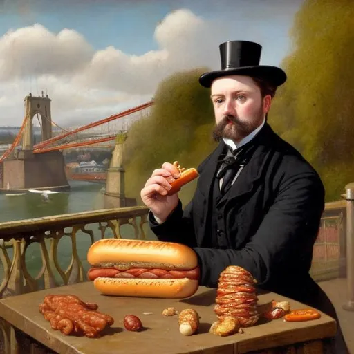 Prompt: The Irish victorian Joseph Leech eating a hot dog under the Bristol Suspension Bridge