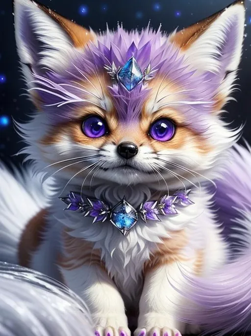 Prompt: (masterpiece, professional oil painting, epic digital art, best quality:1.5), insanely beautiful tiny ((fox kit)), (canine quadruped), ice elemental, silky silver-lilac fur covered in frost, timid, ((insanely detailed alert amethyst eyes, sharp focus eyes)), gorgeous 8k eyes, fluffy silver neck ruff covered in frost, two tails, (plump), fluffy chest, enchanted, magical, finely detailed fur, hyper detailed fur, (soft silky insanely detailed fur), presenting magical jewel, moonlight beaming through clouds, lying in frosted meadow, grassy field covered in frost, cool colors, professional, symmetric, golden ratio, unreal engine, depth, volumetric lighting, rich oil medium, (brilliant auroras), (ice storm), full body focus, beautifully detailed background, cinematic, 64K, UHD, intricate detail, high quality, high detail, masterpiece, intricate facial detail, high quality, detailed face, intricate quality, intricate eye detail, highly detailed, high resolution scan, intricate detailed, highly detailed face, very detailed, high resolution