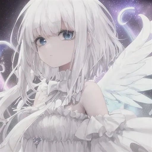 Prompt: white haired girl with beautiful eyes
white dress with hints of rainbow
angel wings with hints of rainbow soft mist