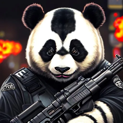 Prompt: Panda dressed in cop clothes, Panda all body, two guns, miami, dramatic lighting, 8k, portrait,realistic, fine details, photorealism, cinematic ,intricate details, cinematic lighting, photo realistic 8k, fire. 