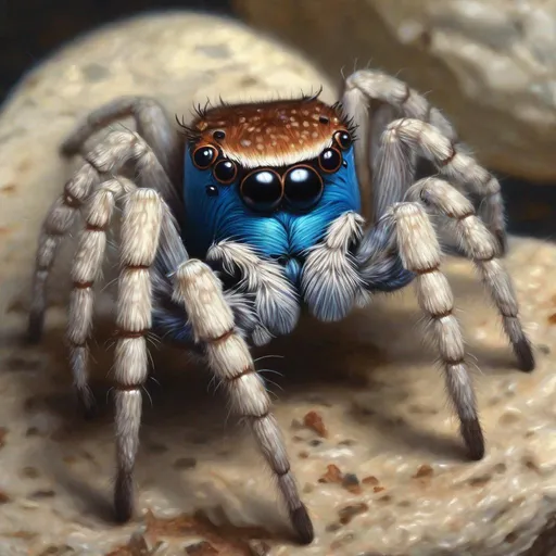 Prompt: Jumping Spider, tan legs, glowing blue eyes, vivid blue mushroom back with white speckles, masterpiece, best quality, in hyperrealism art style