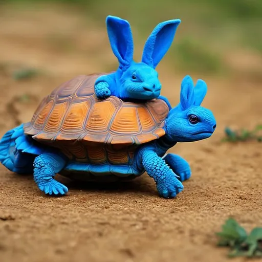 Prompt: The saffron color tortoise defeats the blue color Rabbit