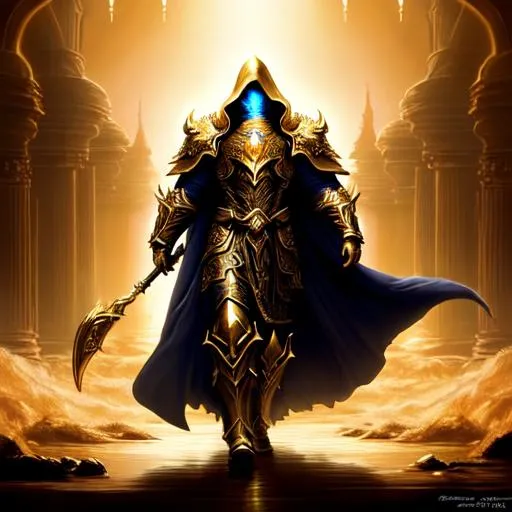 Prompt: Oil painting, Chiaroscuro, landscape, UHD, 8K, highly detailed, panned out view of the character, (((((full body))))), a hyperdetailed Tyrael from Diablo Game, hyperdetailed white hood and robe, masterpiece, hyperdetailed full body, He wears a full golden armor with gold and silver filigree with gold trim, ethereal tentacles instead of wings made of pure light, faceless, ((empty face))