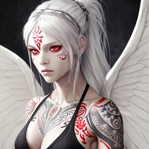 Prompt: Goddess, {alabaster skin}, {silver hair}, {red eyes}, female, perfect body, muscle woman, {short stack}, {photo realistic}, {cover art}, ethereal, {tribal tattoos}, {large gossamer wings}, perfect face