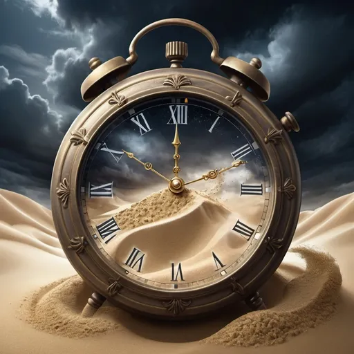 Prompt: Fantasy illustration of timepieces turning into sand, dark clouds, magical atmosphere, mystical, highres, detailed, fantasy, timepieces turning into sand, dark clouds, magical atmosphere, mystical, fantasy style, detailed, atmospheric lighting