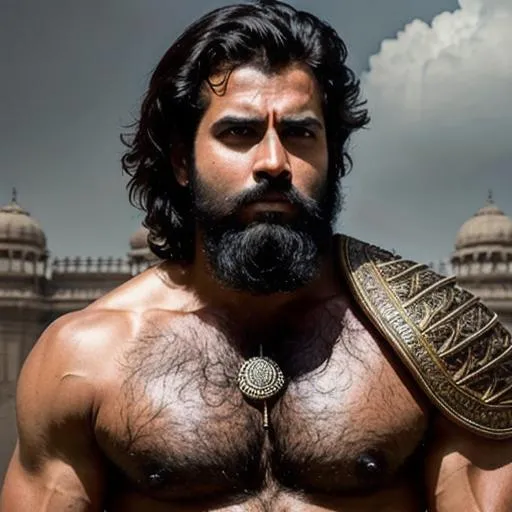 Prompt: scene of hyperreal delhi warrior with black hair and with rugged handsome face, very hairy chest and armpits, arena, perfect composition, hyperrealistic, super detailed, 8k, high quality, trending art, trending on artstation, sharp focus, studio photo, intricate details, highly detailed, by greg rutkowski