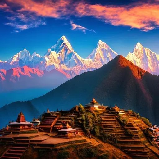 Prompt: a imaginary place in Nepal the scenery should show the essence of Nepal should be ultra captivating and beautiful show machapuchura mountains in the background with temple of kathmandu