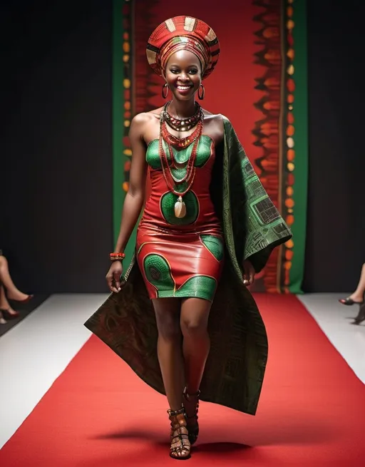 Prompt: (photorealistic) African woman with a (bright smile), walking down a runway, wearing a (leather printed African dress), adorned with (leather and cowrie shells necklaces) accentuating her head and neck, set against a striking (red, black, and green background) with a vibrant (red rug), embodying (afrofuturism), complemented by harmonious colors, ultra-detailed, high quality.