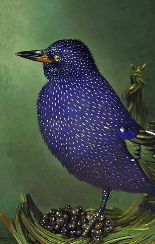 Prompt: Sparkling. An European starling portrait.  Art by van Gogh, Ana dittman, Ivan Bilibin, Jean-Baptiste Monge, pieter aertsen, robert bissell. Add Shimmering. 3d. Very clear resolution. Highly detailed.