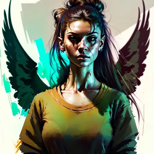 Prompt: Ilya Kuvshinov Style, 
Hyper Realistic, UHD, hd , 8k, , hyper realism, Very detailed, zoomed out view, whole character is in view, handsome young woman, labret piercings, nose pierced,  Brown long hair, flirting, blush, Eyeliner with long wings (Drama look), green-bluish eyes, Nordic Tattoos, modern cloths in black and white, artstation, Space Background with Planets, Stars and Asteroids flying around, 