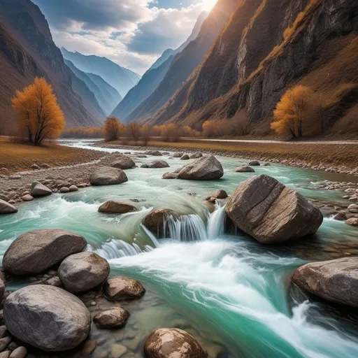 Prompt: nature, amazing flowing river from mountains, rocks 