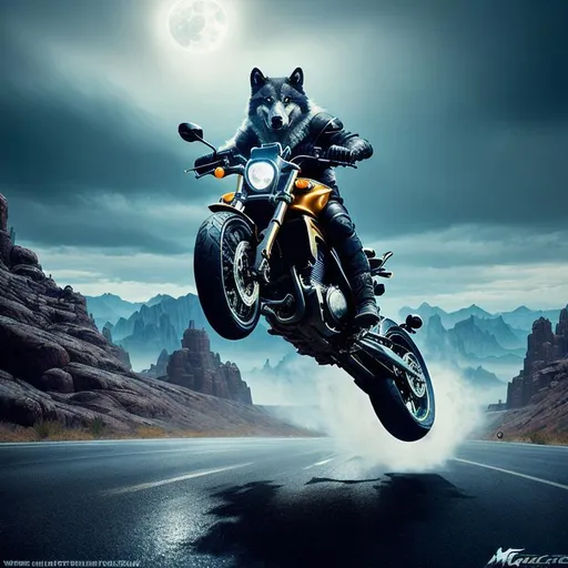 Prompt: a thug wolf riding a motorbike in  surreal landscape, unreal engine, fantastical, intricate detail, hyperdetailed, ultra details,  splash screen, by greg bukowski, complementary colors, fantasy concept art, 8k, deviantart masterpiece, oil painting, heavy strokes, splash arts, photorealistic, masterpiece, cinematic, 16k artistic photography, epic, drama, cinematic lighting, dramatic lighting, insanely 